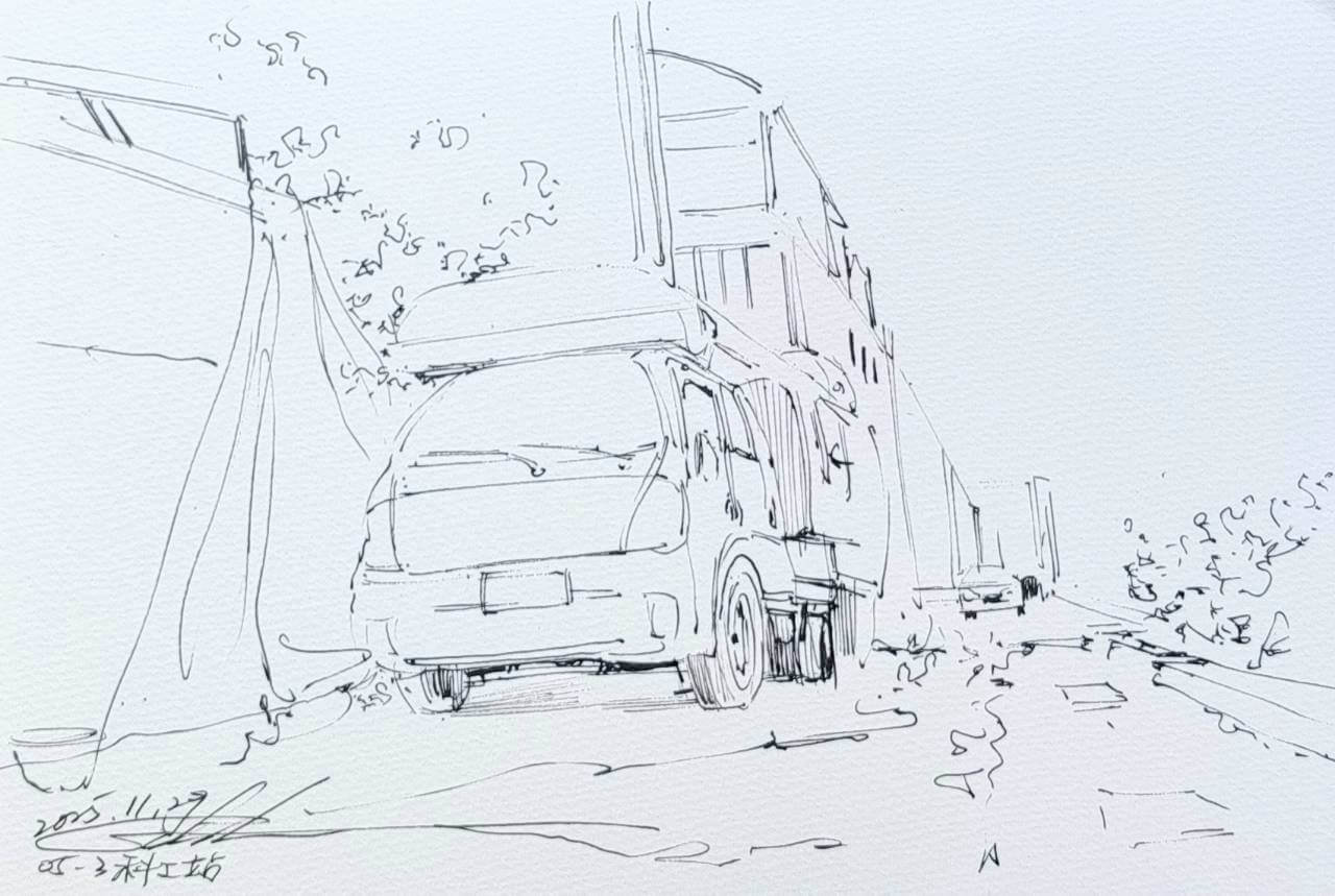 搭車邊走邊玩鋼筆速寫淡彩